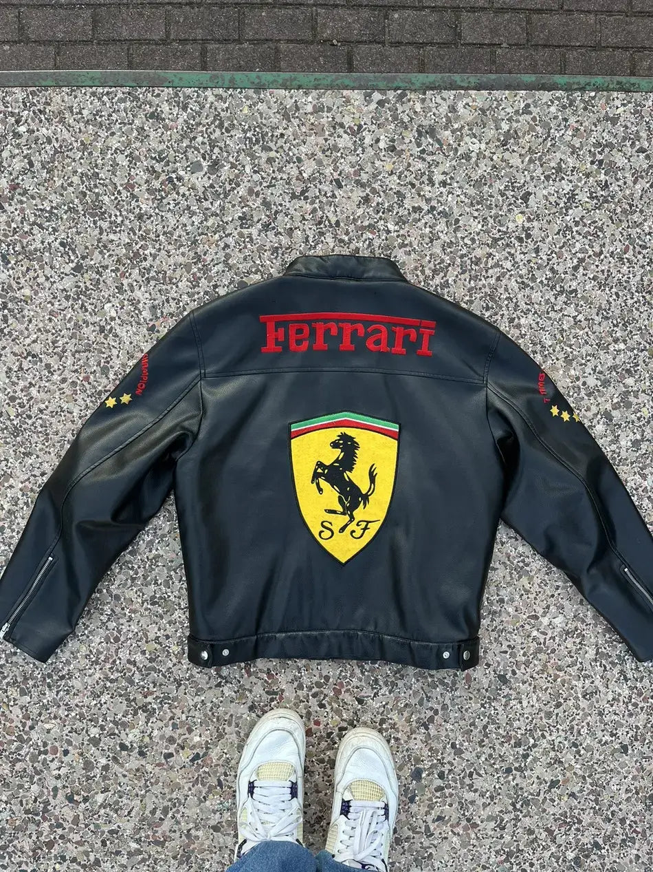 Ferrari Racing Black Motorcycle Cowhide Leather Biker Jacket