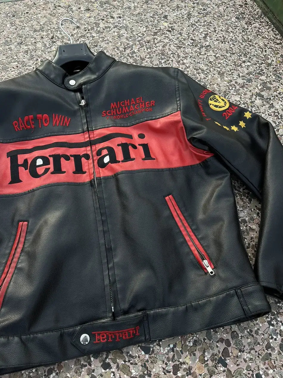 Ferrari Racing Black Motorcycle Cowhide Leather Biker Jacket