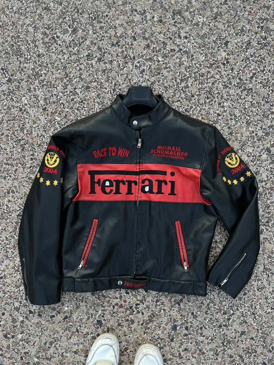 Ferrari Racing Black Motorcycle Cowhide Leather Biker Jacket