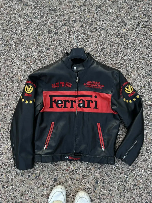 Ferrari Racing Black Motorcycle Cowhide Leather Biker Jacket