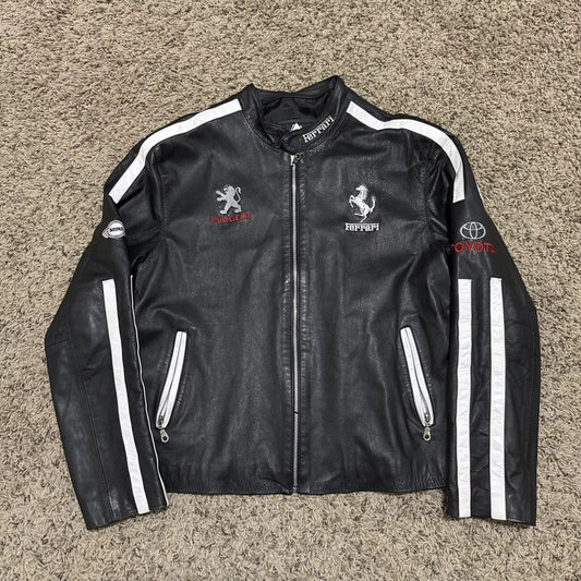 Ferrari Racing Black Motorcycle Riding Gear Cowhide Leather Biker Jacket