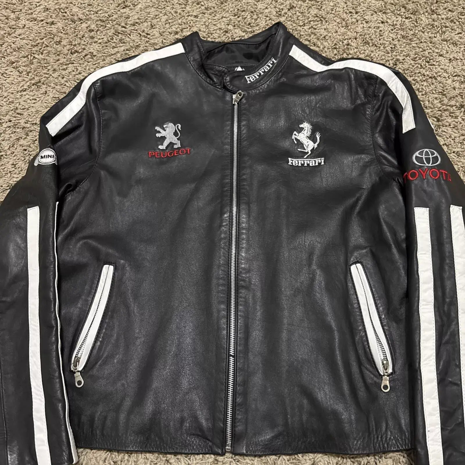Ferrari Racing Black Motorcycle Riding Gear Cowhide Leather Biker Jacket
