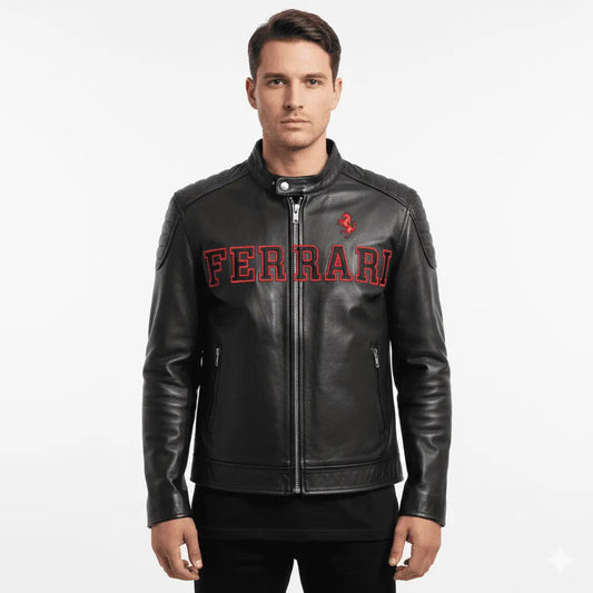 Ferrari Racing Black Motorcycle Streetwear Cowhide Leather Jacket