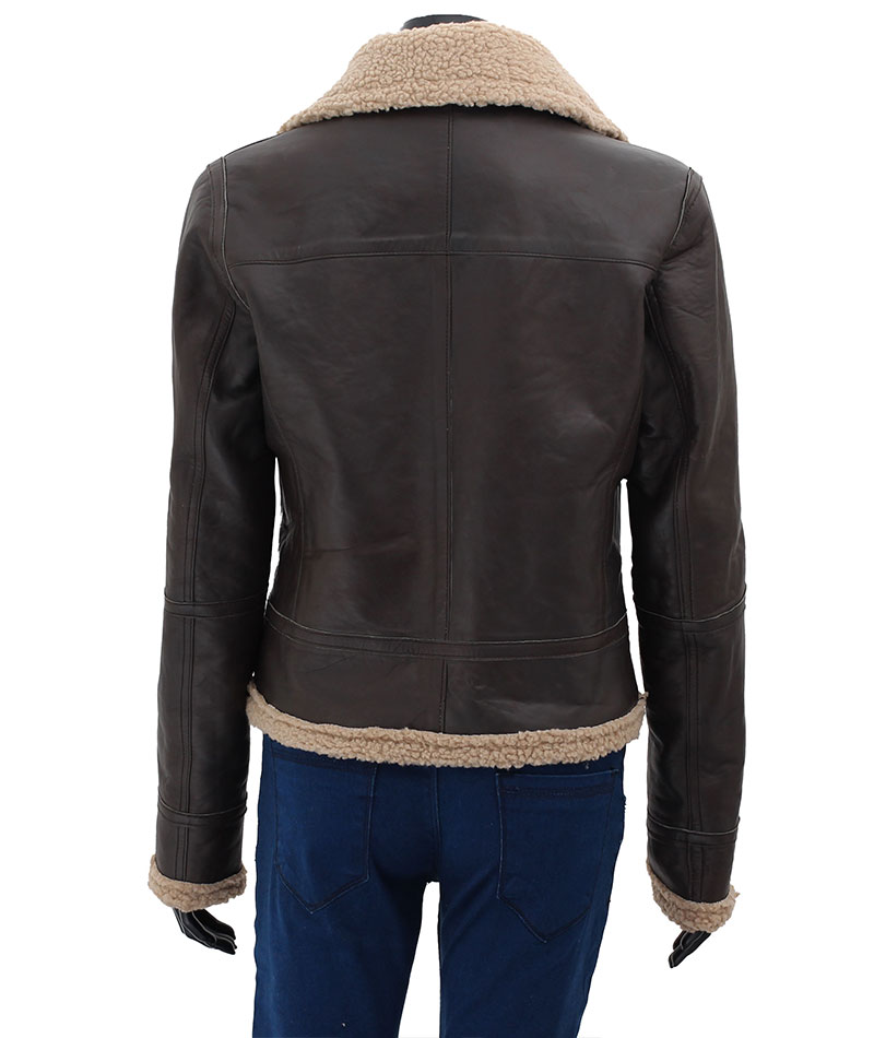 Frances Womens Dark Brown Leather Bomber Jacket with Shearling