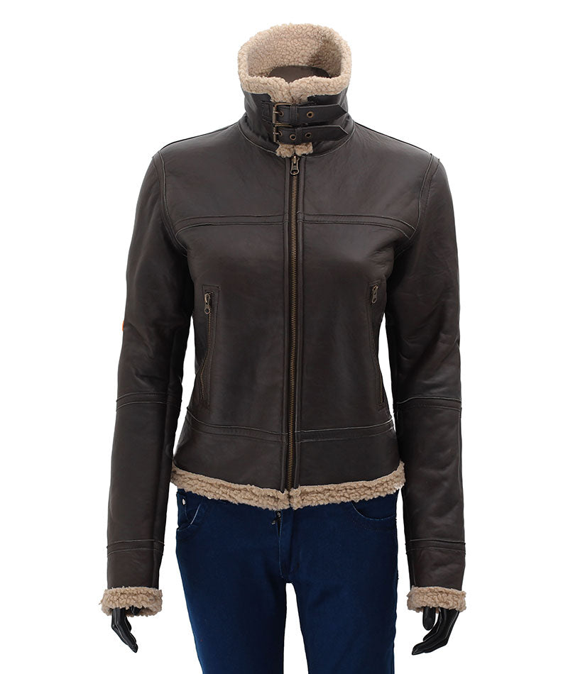 Frances Womens Dark Brown Leather Bomber Jacket with Shearling