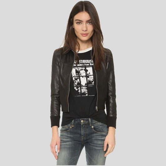 Halle Black Bomber Leather Jacket