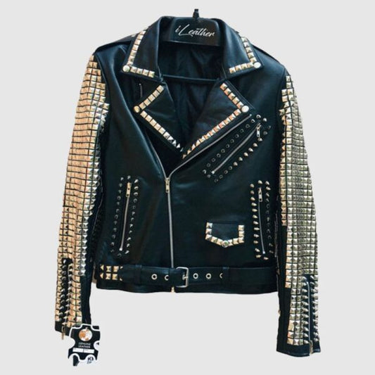 Handmade Black Color Women Silver Metal Studded Punk Leather Jacket