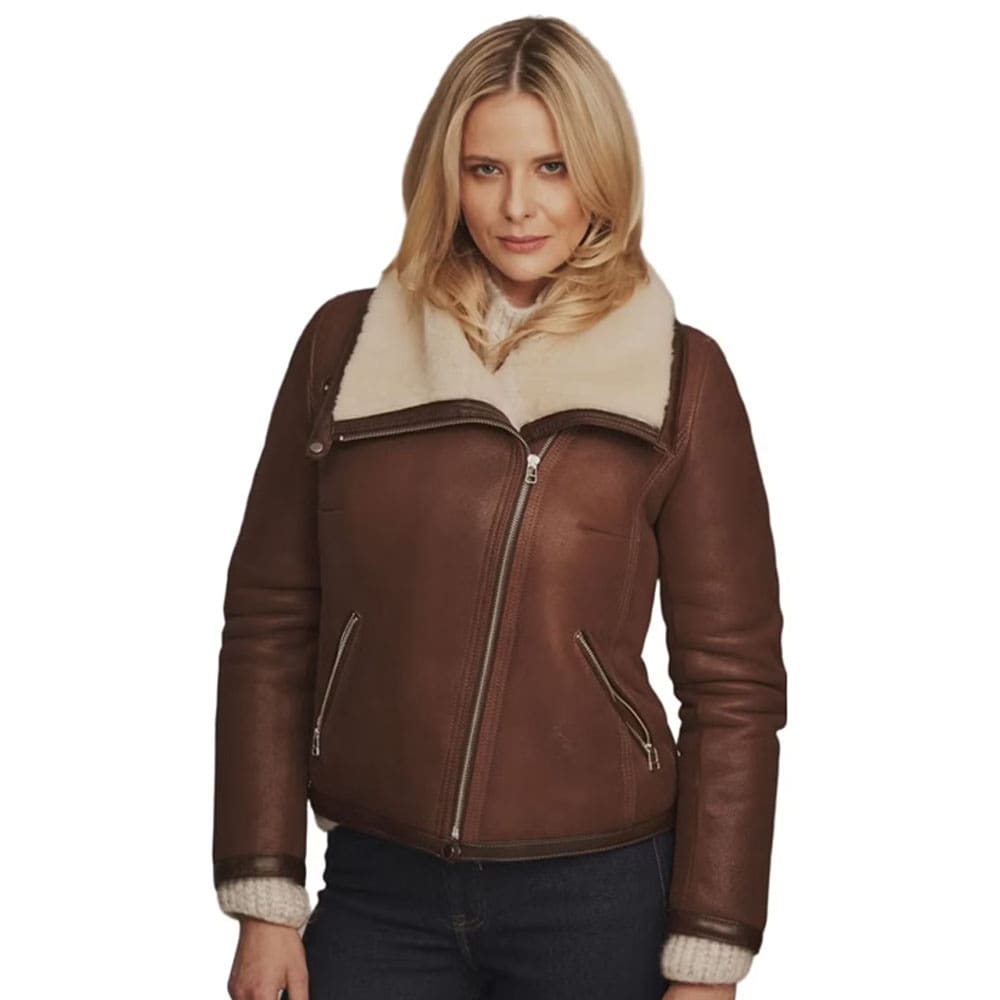 Heidi Lima Women Fashion Brown Aviator Real Shearling Bomber Jacket