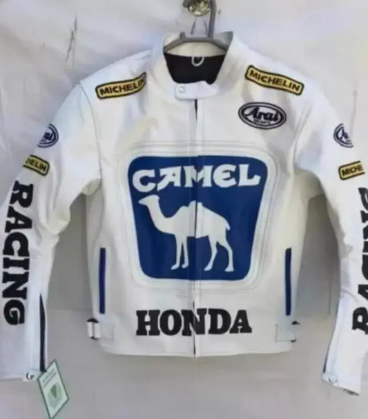Honda Camel Racing White Motorcycle Cowhide Leather Jacket