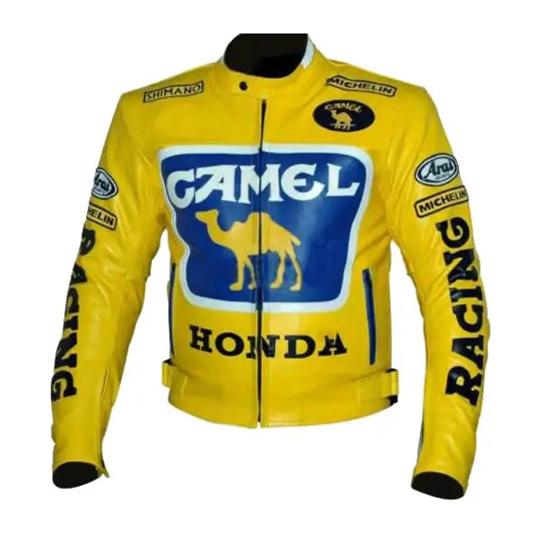 Honda Racing Yellow Motorcycle Riding Gear Cowhide Leather Biker Jacket