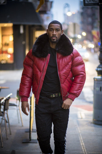 Buy Best price MEN V BOMBER JACKET - RED (BLACK FUR)