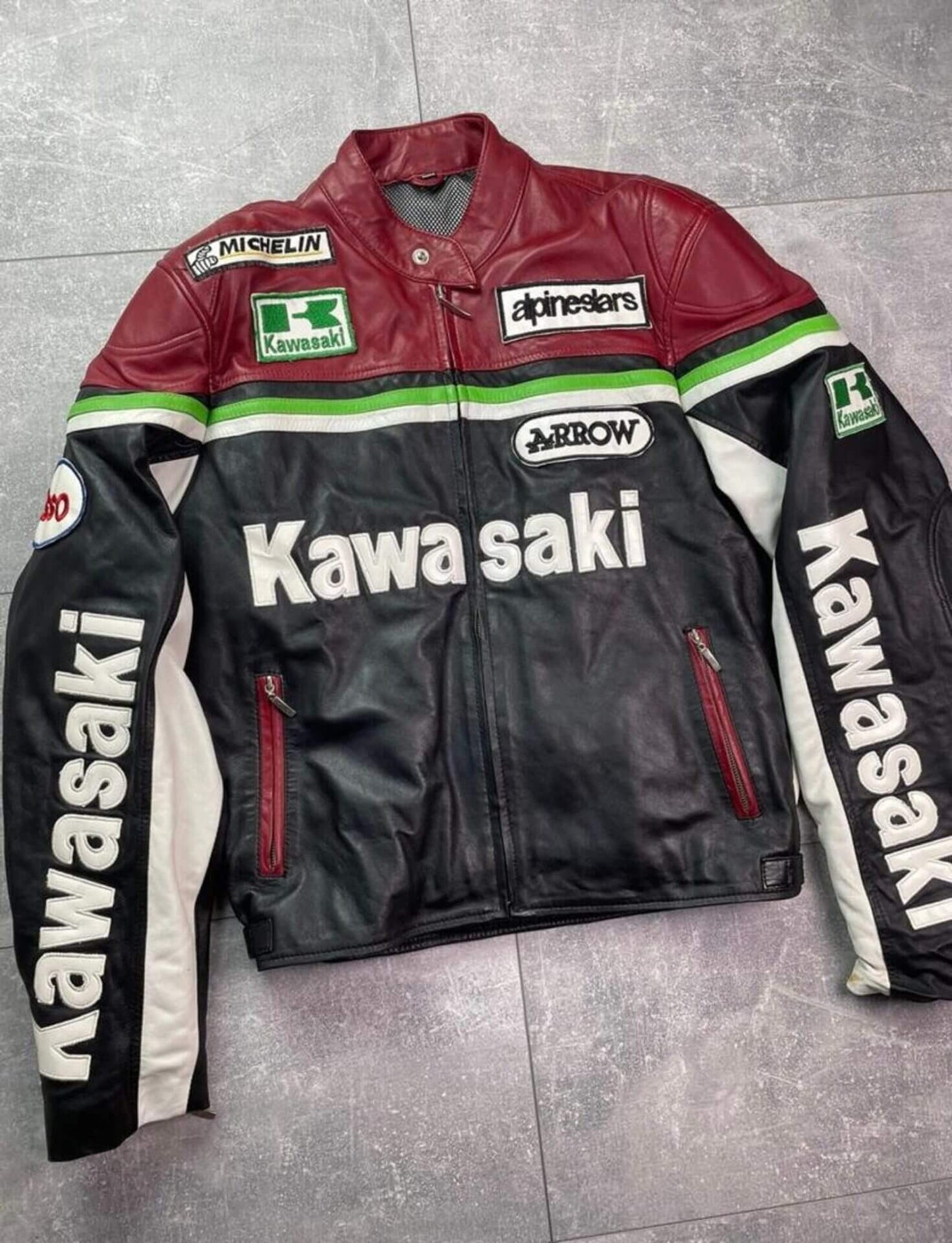 Kawasaki Alphinestars Motorcycle Racing Cowhide Leather Jacket