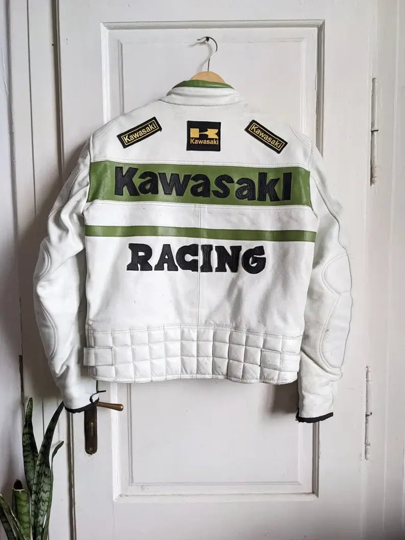 Kawasaki Leather Racing White Motorcycle Biker Leather Jacket