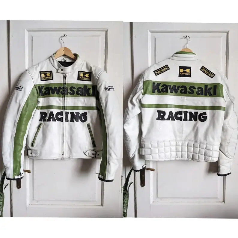 Kawasaki Leather Racing White Motorcycle Biker Leather Jacket