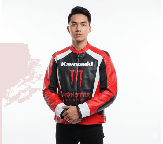 Kawasaki Motorcycle Riding Gear Cowhide Leather Biker Jacket