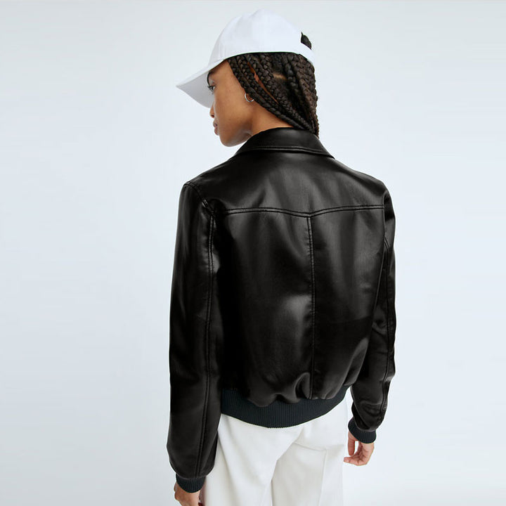 Black Women Aviator Sheepskin Shearling Motorbike Leather Bomber Jacket