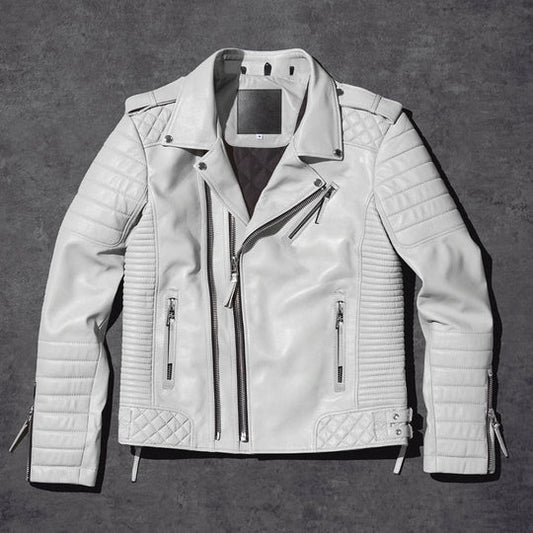 Best New Style Fashion Men White Pearl Biker Leather Jacket