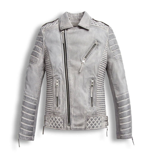 Mens Cafe Racer Chrome White Waxed Biker Leather Motorcycle Jacket