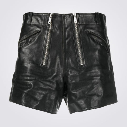 Leather Shorts Mens With Double Zipper