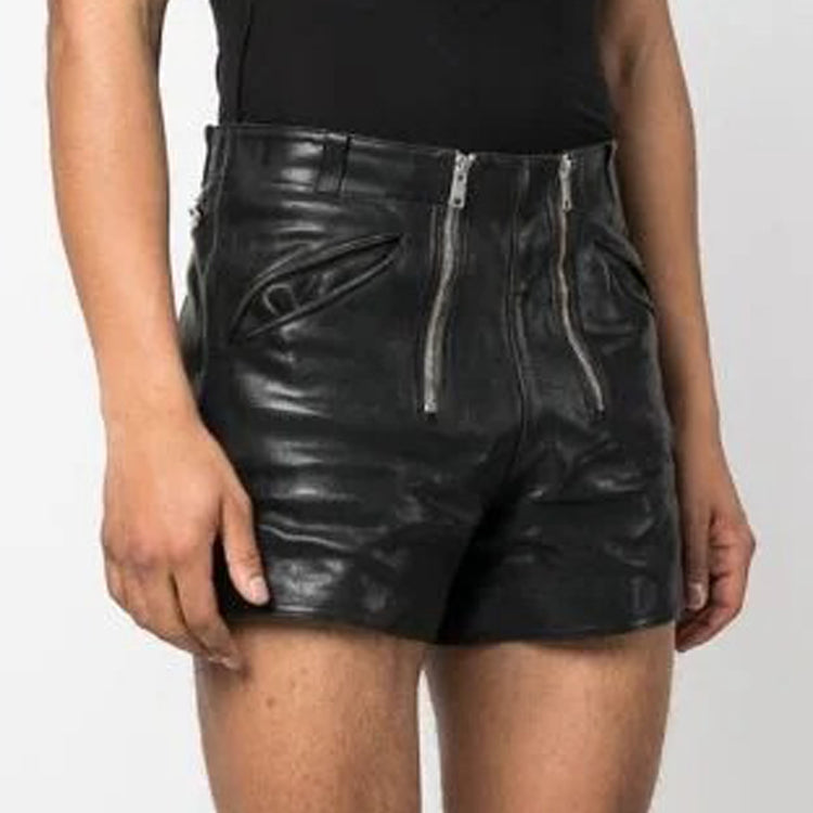Leather Shorts Mens With Double Zipper