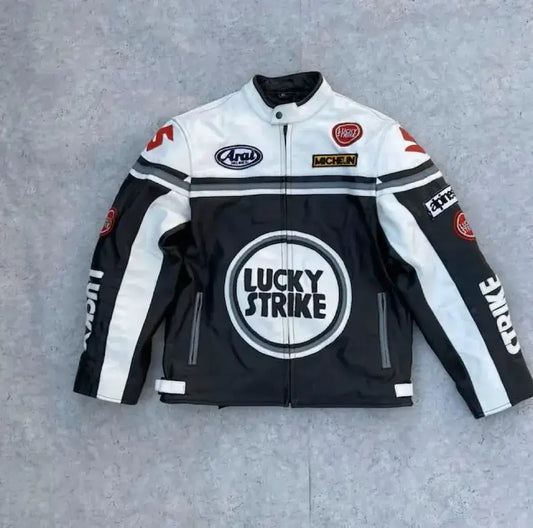 Lucky Strike Biker Streetwear Fashion Motorcycle Cowhide Leather Racing Jacket
