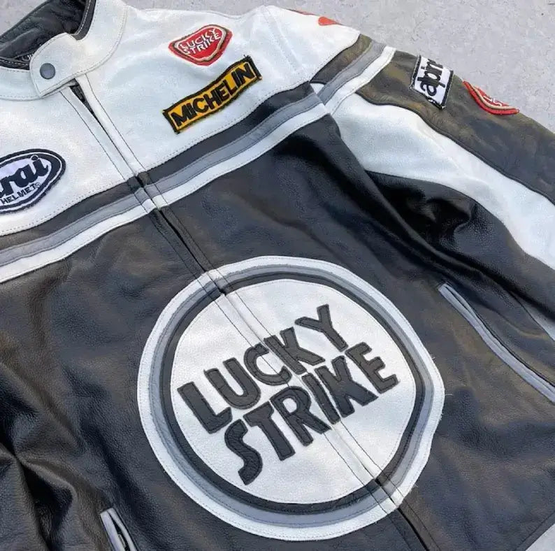 Lucky Strike Biker Streetwear Fashion Motorcycle Cowhide Leather Racing Jacket