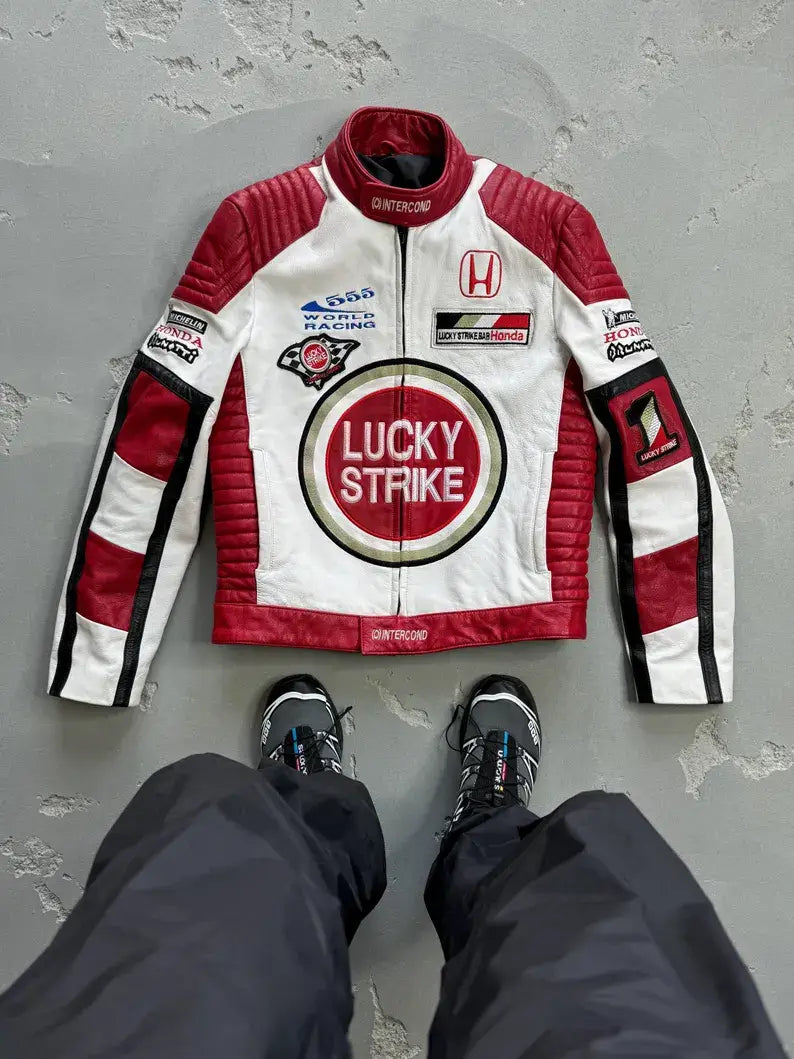 Lucky Strike Motorcycle Racing Streetwear Casual Leather Biker Jacket