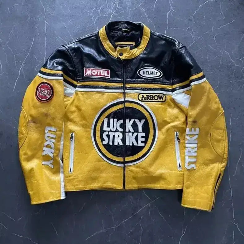 Lucky Strike Motorcycle Streetwear Genuine Cowhide Leather Jacket