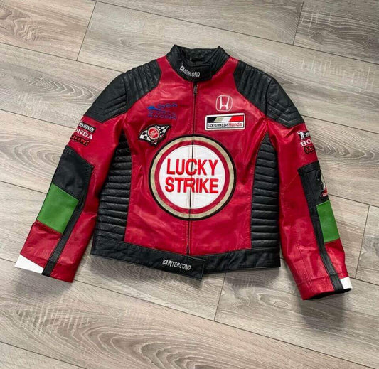 Lucky Strike New Style Vintage Red & Black Racing Cowhide Leather Jacket