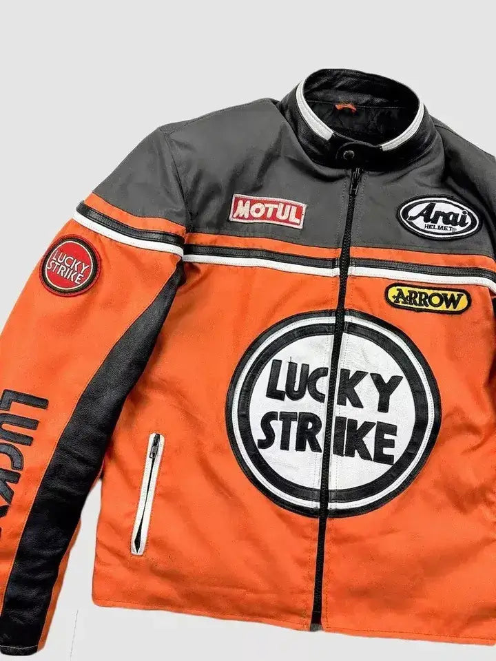Lucky Strike Orange & Black Motorcycle Cotton Jacket