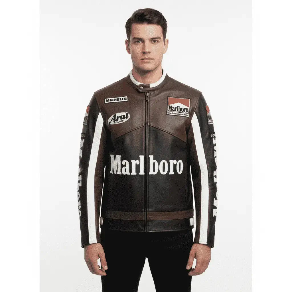 Marlboro Black And Brown Biker Leather Jacket
