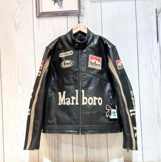 Marlboro Racing Black Motorcycle Cowhide Leather Jacket