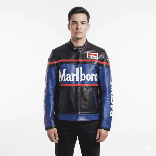 Marlboro Racing Motorcycle Classic Streetwear Genuine Leather Biker Jacket