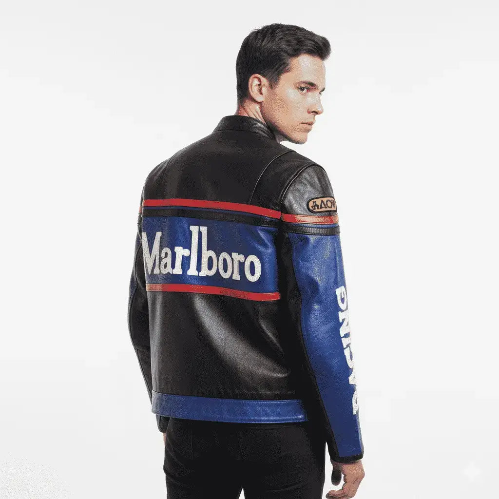 Marlboro Racing Motorcycle Classic Streetwear Genuine Leather Biker Jacket