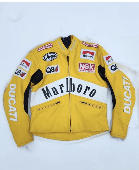 Marlboro Racing Yellow Ducati Motorcycle Streetwear Cowhide Leather Biker Jacket