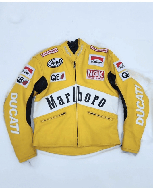 Marlboro Racing Yellow Ducati Motorcycle Streetwear Cowhide Leather Biker Jacket