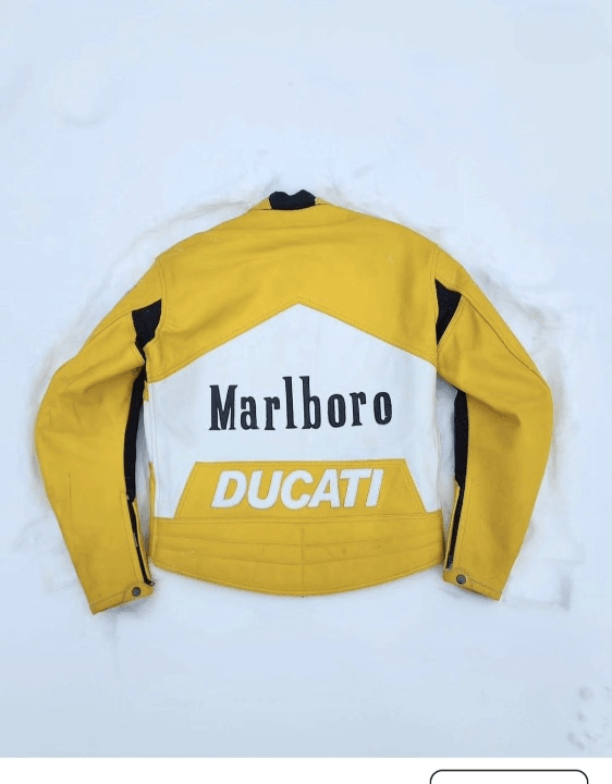 Marlboro Racing Yellow Ducati Motorcycle Streetwear Cowhide Leather Biker Jacket