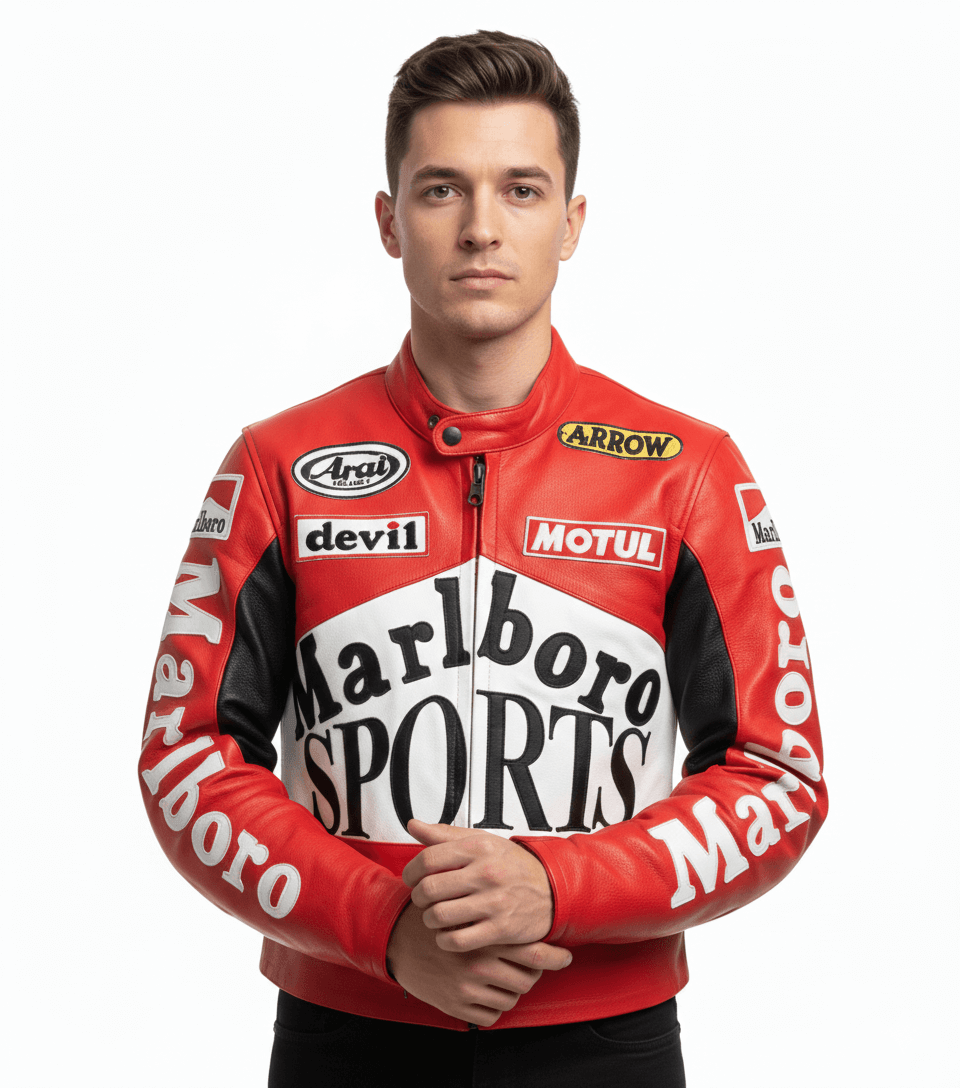 Marlboro Sports Red Leather Racing Streetwear Jacket