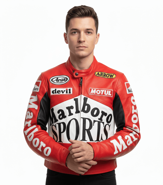 Marlboro Sports Red Leather Racing Streetwear Jacket