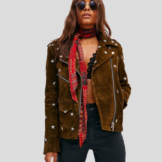 Melody Brown Studded Suede Leather Jacket For Sale