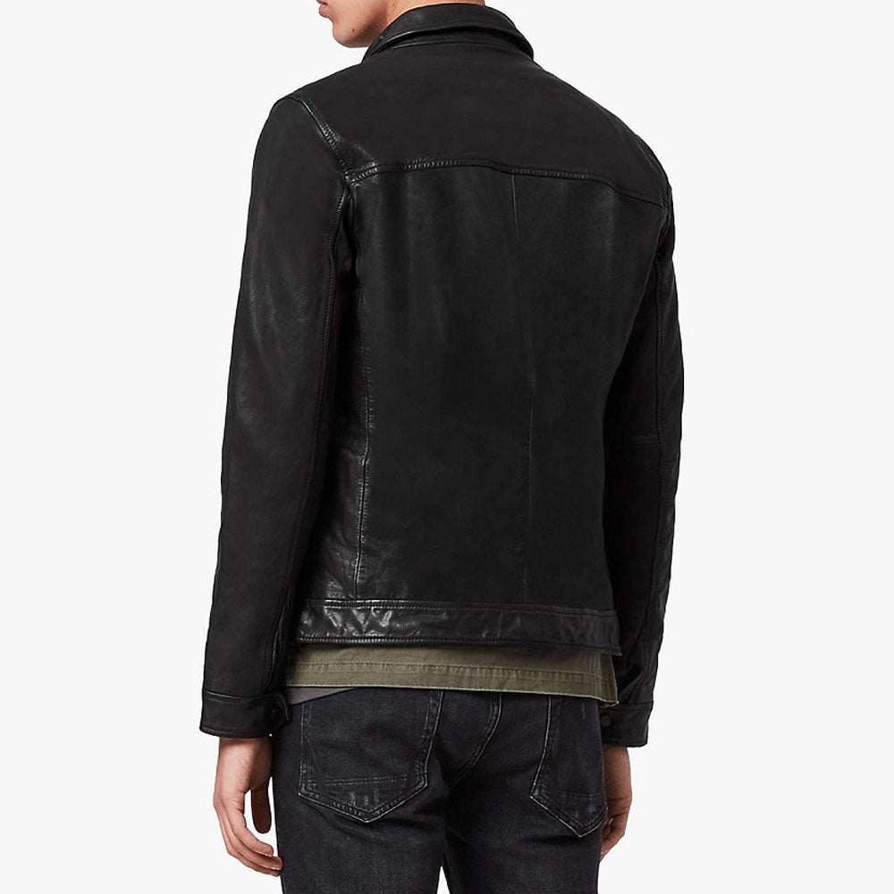 Men Solid Black Leather Jacket