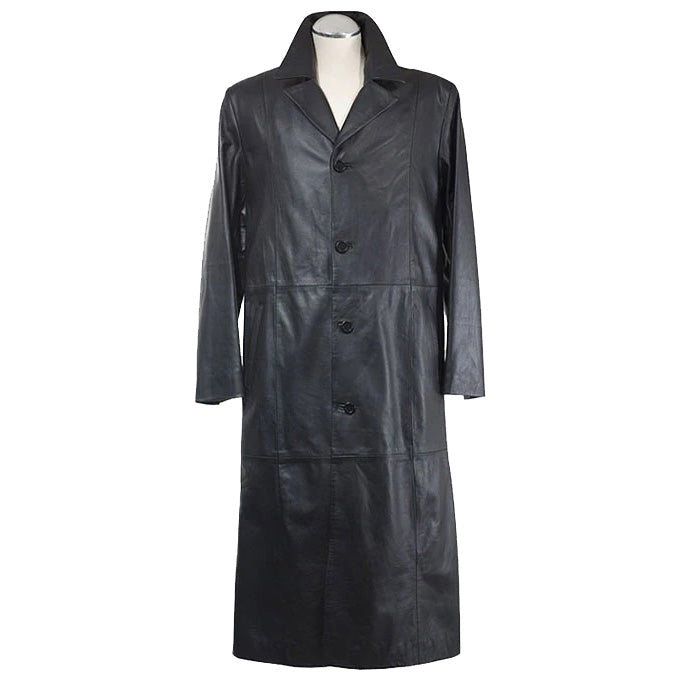 Men Black Leather Long Trench Coat