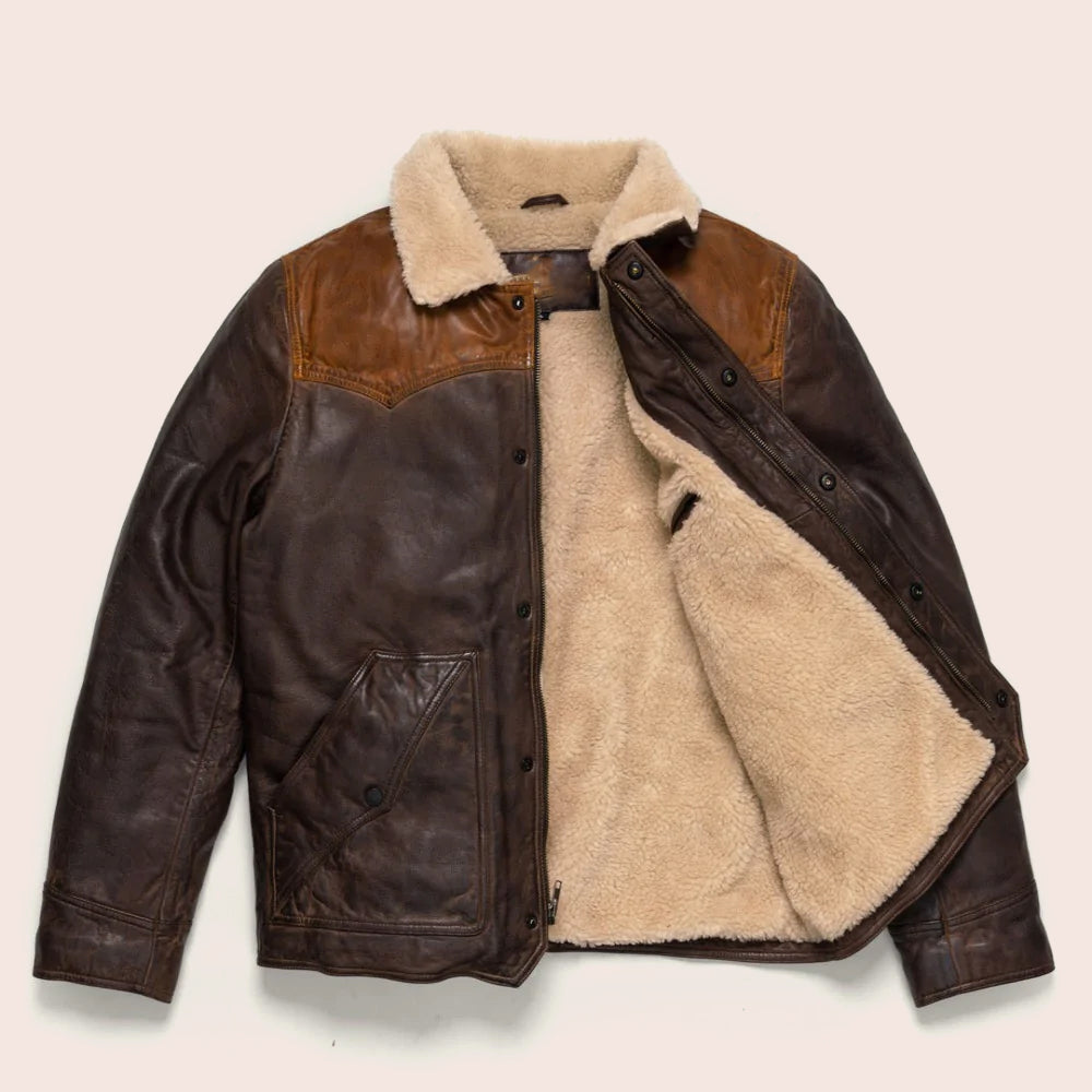 Men Sheepskin Double Tone Brown Sherpa Western Leather Jacket