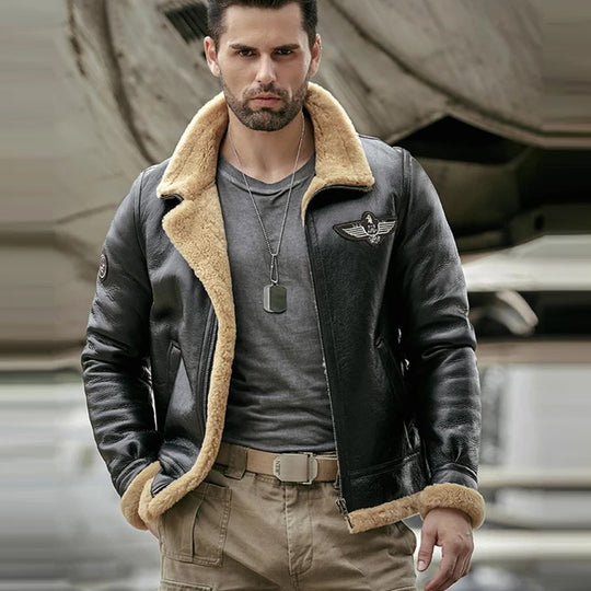 Buy Best price Limited edition Trendy Fashion Men's Black RAF Aviator Airforce Sheepskin Shearling Leather Jacket