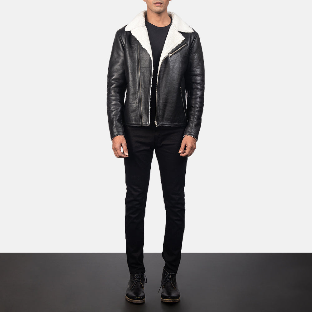 Buy Best Alberto White Shearling Black Leather Jacket