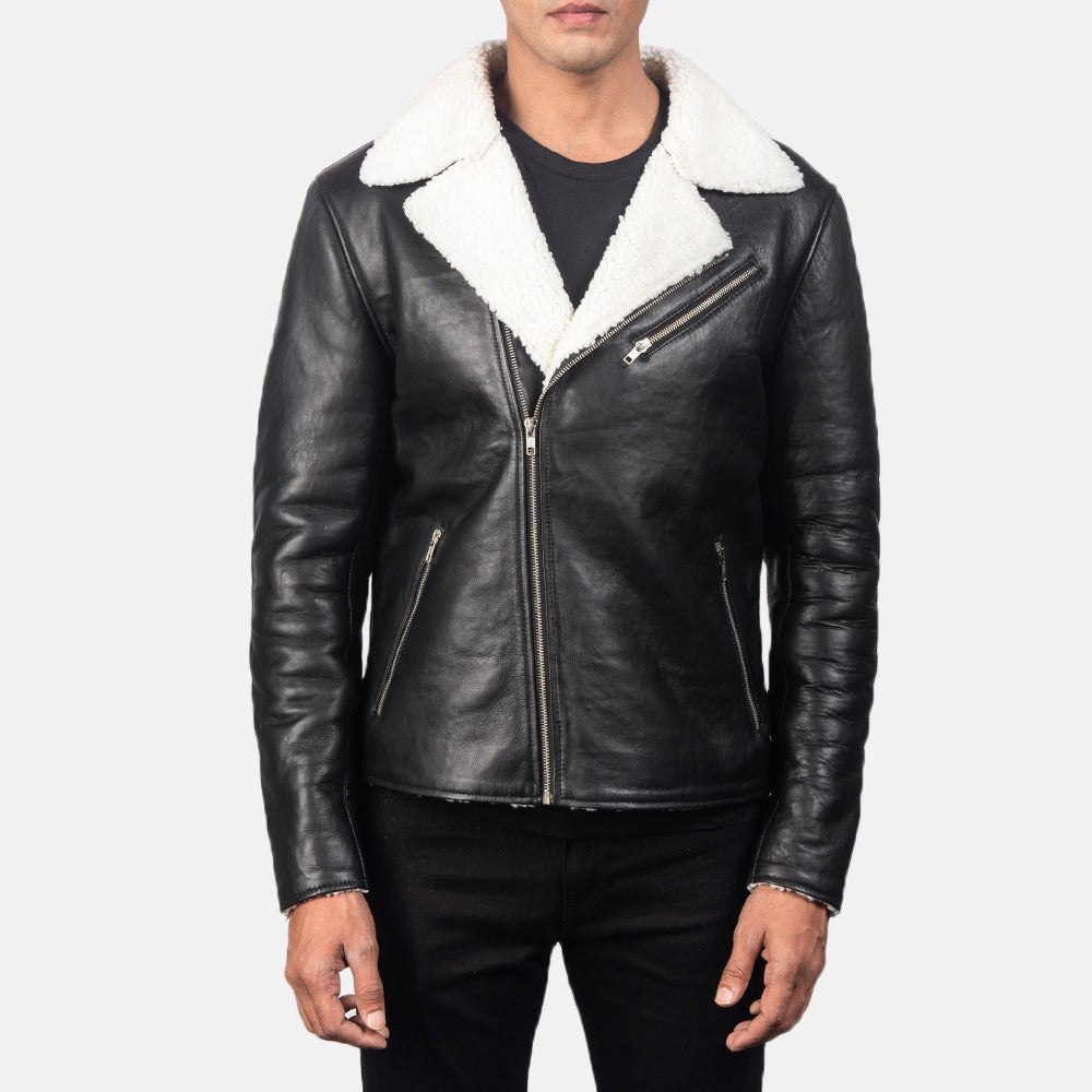 Buy Best Alberto White Shearling Black Leather Jacket