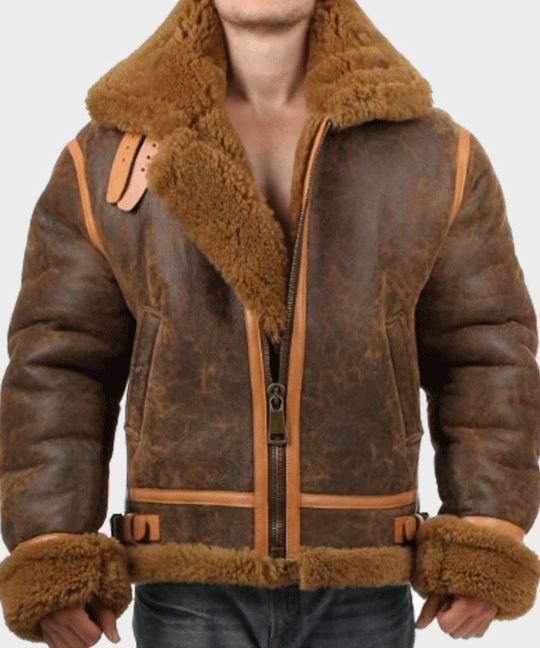Mens Aviator Distressed Leather Shearling Jacket