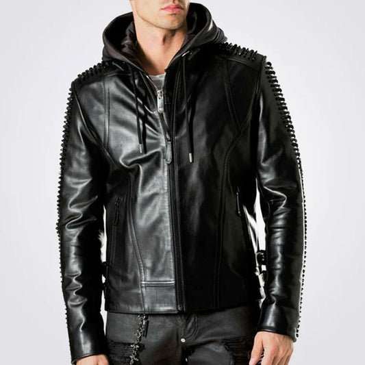 Men's Designer Hooded Biker Studded Leather Jacket