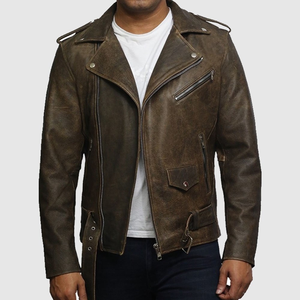 Mens Genuine Leather Biker Jacket Cowhide Brando Rustic