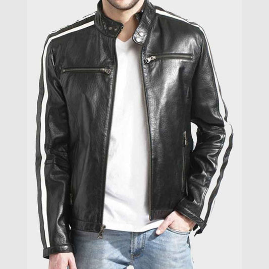 Men’s Black Café Racer Leather Jacket with Stripes